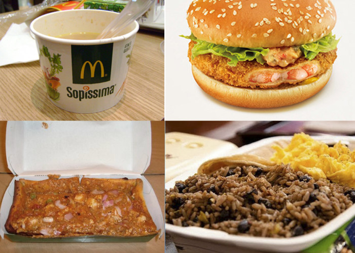 Sopa portuguesa, hamburguesa de gambas, guiso de legumbres y arroz negro. Todos del McDonald’s