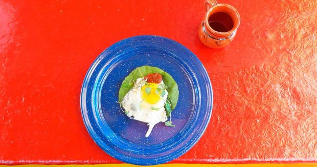 El almuerzo perfecto directo de las chinampas: huevo estrellado sobre hoja santa.