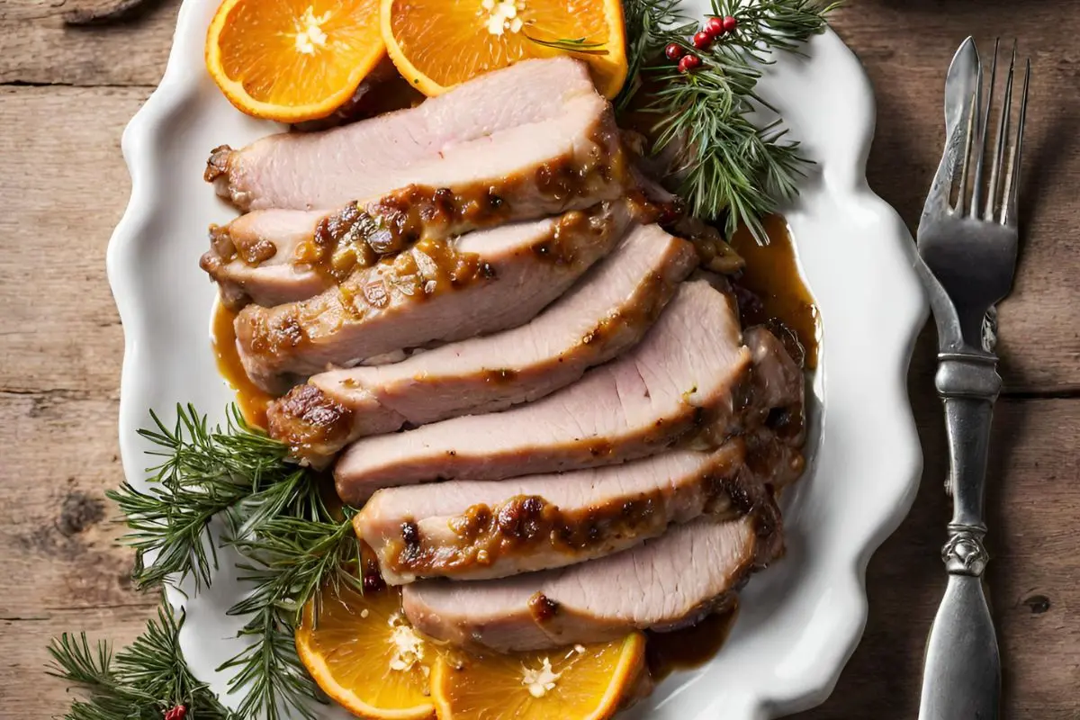 Lomo de cerdo a la naranja con rodajas, plato para Navidad