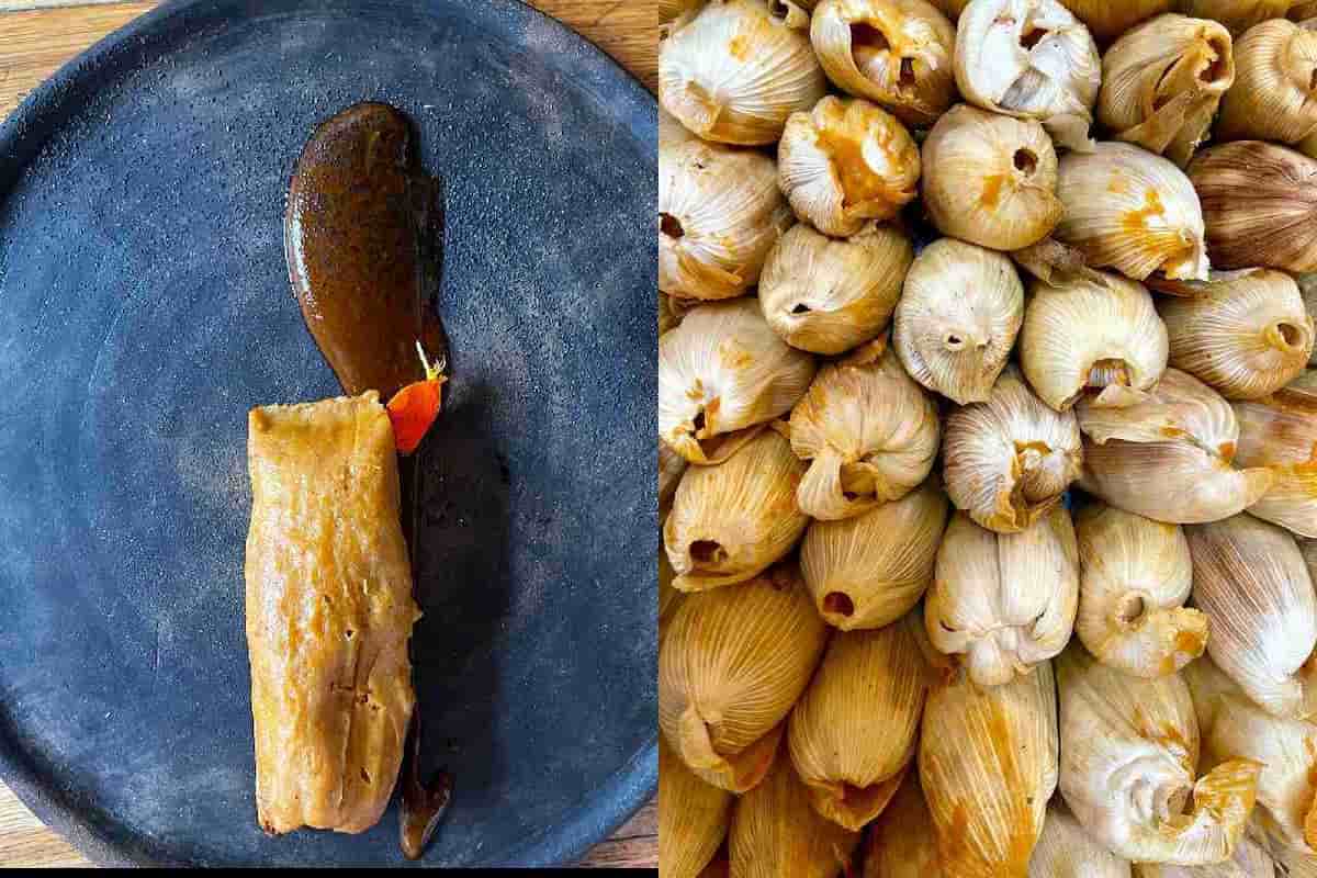 Tamal de Muertos.Calabaza y Mole de Queso (izq) Tamal de Rajas y Queso Alpino elaborado con maíz Chalqueño Cremoso (derecho).
